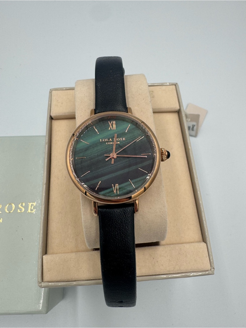 Beautiful Lola Rose Green Dial/ Rose Gold Roman Numeral & black leather strap